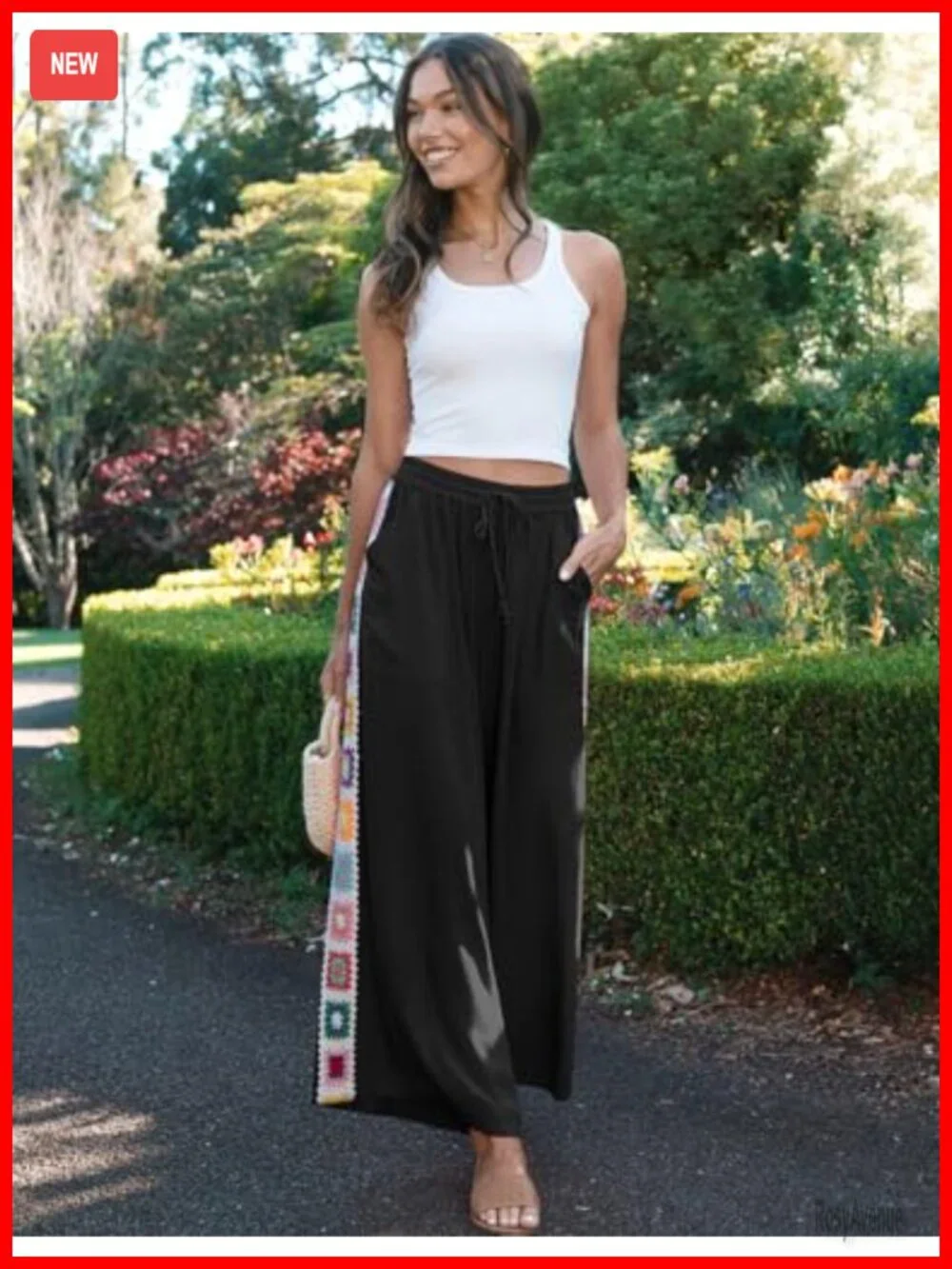 Wide Leg Linen Pants Casual Drawstring Lounge Palazzo Crochet Panel Pocket